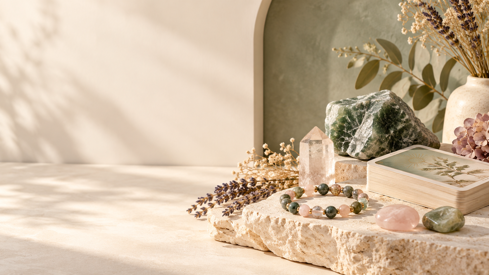 Bracelet en pierres naturelles, cristaux et cartes oracle dans une ambiance lumineuse